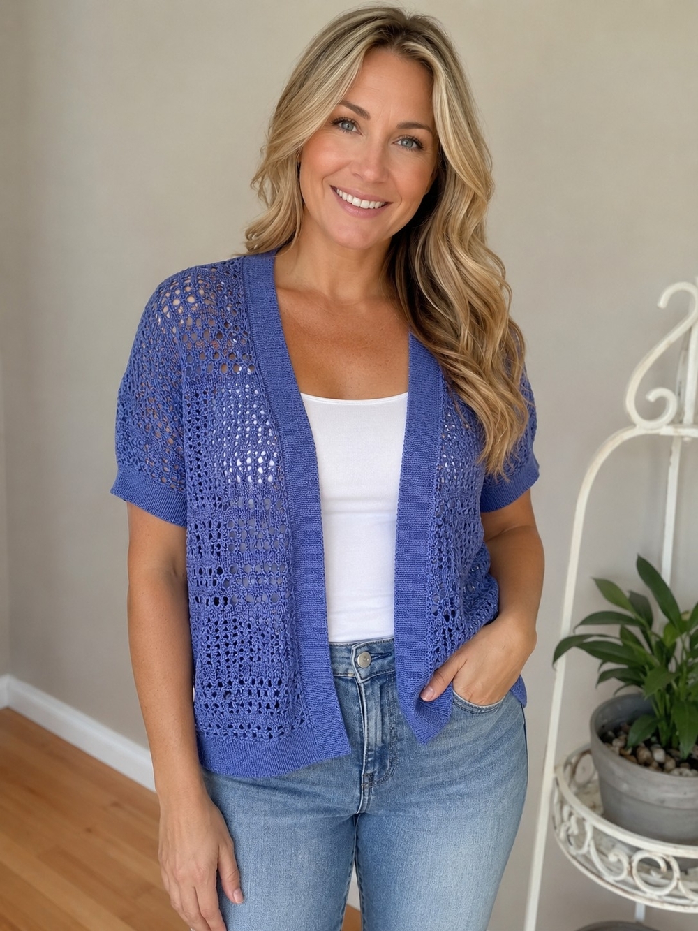 Northern Reflections Open-Weave Short Sleeve Cardigan - Periwinkle Blue